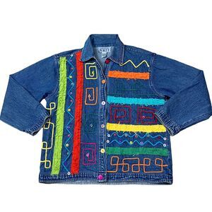 Karen Hart Denim Shirt Jacket Long Sleeve  Multicolored Design Women's Medium